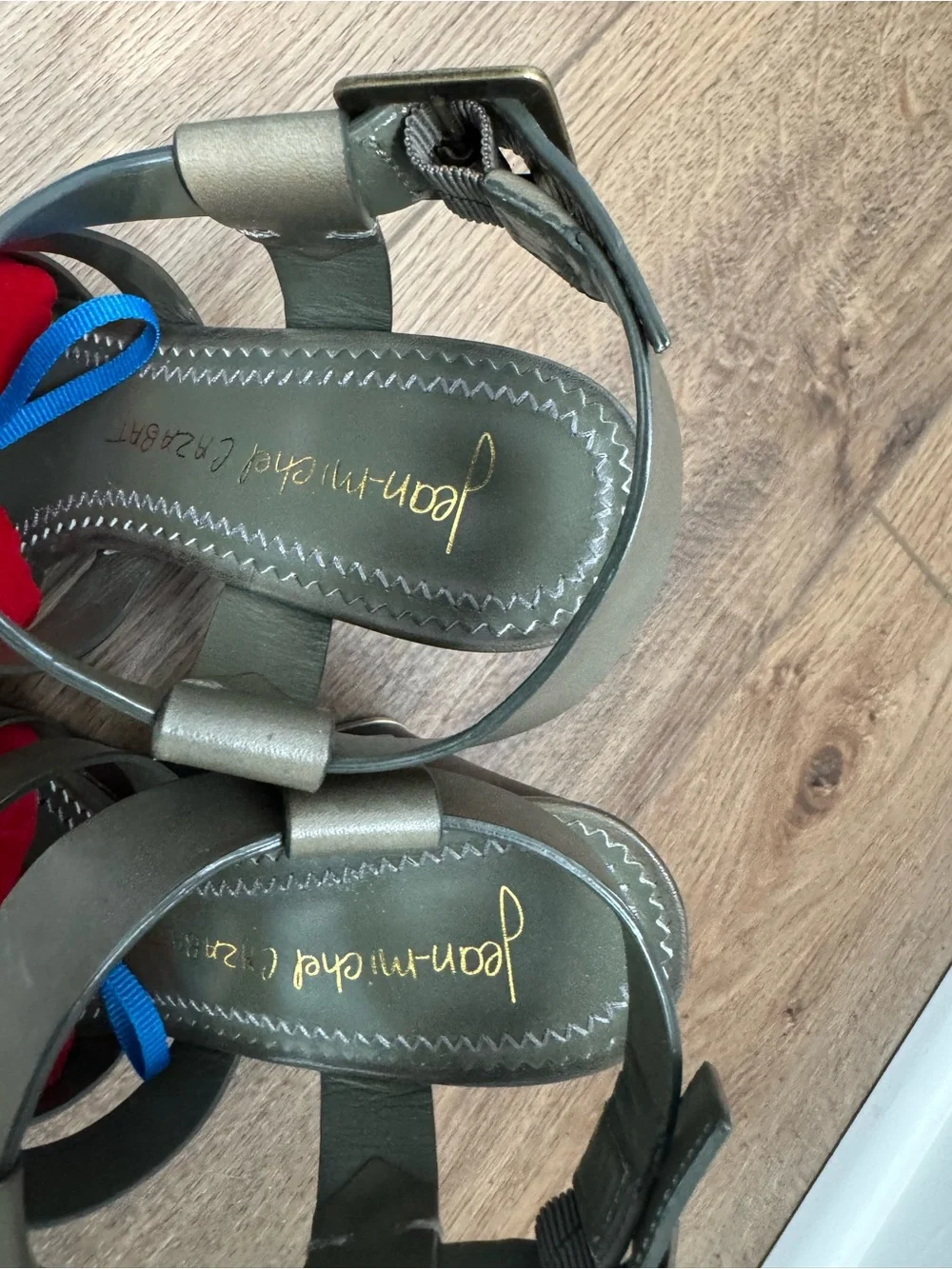 Jean-Michel Cazabat Olive Green Strappy Sandals with Red Insole